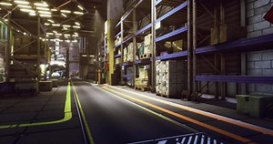 Warehouse interior with organized storage and illuminated pathways for movement