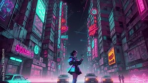 Cyberpunk cityscape in neon style. Cyberpunk metropolis with futuristic technologies, cars, buildings and peoples at night. Futuristic animation with transformations. AI generated cinematic video