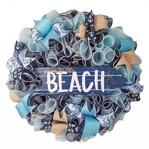 Beach Themed Wreath, Burlap Deco Mesh, Gone to the Beach Nautical Door Decor, Indoor and Outdoor Decorative Wreath, Turquoise Navy Jute