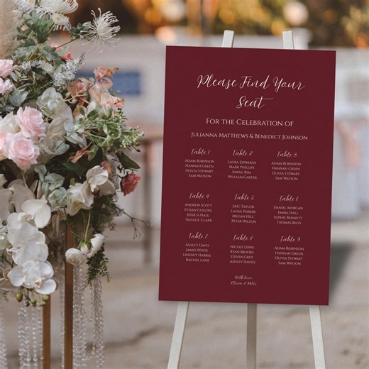 Elegant Burgundy Wedding Seating Chart | Reception Seating Plan Printable - Etsy