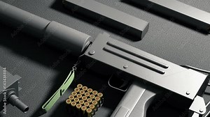 4K Animation of Set of Automatic 9mm Machine Guns with Accessories on black background. Military Weapons Concept Stock Video