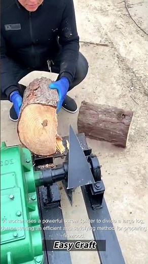 The process of splitting a log with a screw splitter