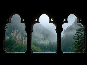 4K Projector Window View: Rainy Medieval Castle Ambience – Cozy Rain Sounds for Focus & Reading