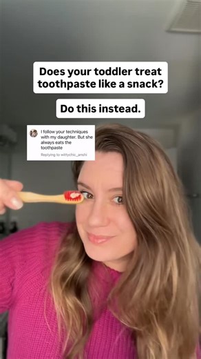 Emily 🦷 toothbrushing tips for parents on Instagram: "Is your toddler trying to eat the toothpaste instead of brushing with it? You’re not alone. Here’s a simple fix ⤵️ Press the toothpaste INTO the bristles instead of sitting it on top. 🪥 It slows down the sucking, keeps more paste on the brush, and actually helps you get a better clean. 🙌 Small change. Big difference. Try this for your toddler and report back! Hi 👋 I’m Emily—a mom of two and wife of a pediatric dentist sharing tooth tips a