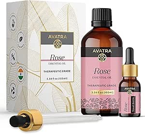 Avatra Rose Essential Oil 100ML (3.38 OZ) with Glass Dropper and Travel Bottle, Pure and Natural Therapeutic Grade Lavender Oil for Diffuser, Aromatherapy, Massage, and DIY Candle Products