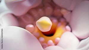 macro microscope video the intricate beauty of a microscopic ovule at the center of the microscope video. The ovule which is eggshaped and shades of pink and white is crowned by