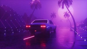 Backdrop Of Glowing Foggy Road With Landscape And Riding Car