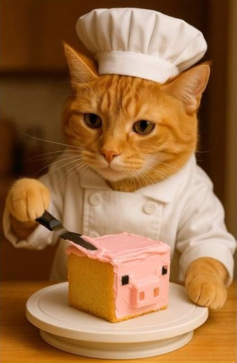 Cat Makes a Minecraft Pig Cake! Cutest Pixel Cake Ever 🐷#minecraft #cake #cat #aicat #ai #aishorts