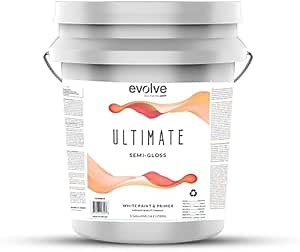 EVOLVE Ultimate White Paint & Primer in One, Semi-Gloss White, 5 Gallon – Interior & Exterior, One-Coat Coverage, Excellent Hide, Low Odor, Low VOC, Washable Paint for Walls, Ceilings & Trim