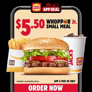 Fire up your taste buds with our NEW $5.50 App Deal! 🤯🍔 Grab a flame-grilled Whopper Jr, Chips AND a Drink for just $5.50. Only on the HJ's App. 📱 | Hungry Jack's