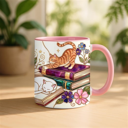 Stained Glass Cat Mug, Book Lover Gift, Library Cats Bookshelf Cup, Aesthetic Bookish Mug, Literary Cat Mom Gift, Cozy Reading Accent Mug - Etsy