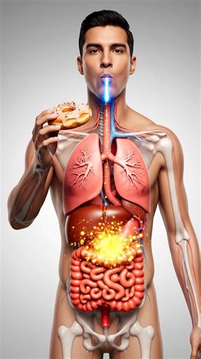 Inside View: Donut Sugar Rush! Glowing Glucose & Strong Pancreas Reaction