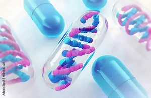A close up photo of a transparent capsule containing blue and pink DNA strands on a white background, Medical science, genetic research