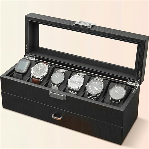 Luxury Watch Box Organizer With Drawer, 6 Slot Watch Case With Glass Lid, Jewelry Storage Box for Men, Gift for Him - Etsy