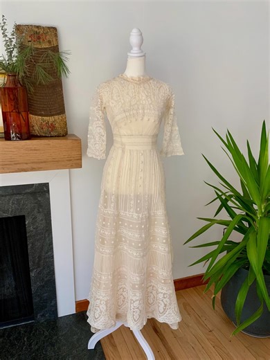 Antique Edwardian Bridal Lace Dress C. 1909–1914 | Cotton Net Wedding / Trousseau Gown - Etsy