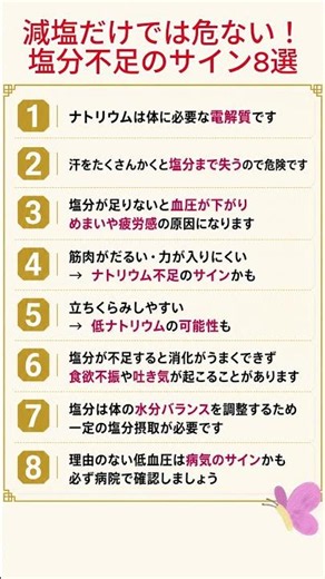 減塩だけでは危ない！塩分不足のサイン8選 #健康 #塩分 #ナトリウム #減塩 #低ナトリウム #健康習慣 #シニア健康 #熱中症対策 #健康情報 #毎日健康習慣 #ショート #雑学