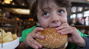Happy kid eating hamburger. Child takes a bite of burger food meal