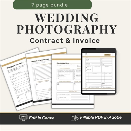 Wedding Photography Contract Bundle, Fillable PDF & Canva Templates Customizable Invoice, Intake Form, Agreement, Shot List - Etsy