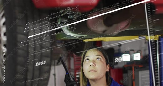 Woman tech on lift adjusting LED light as overlays sliding and updating cause muffler inspection