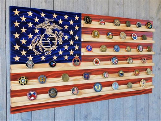 USMC Challenge Coin Display: American Flag, Veteran Made (19.5x37 - Etsy