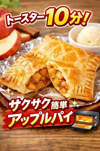 トースター10分！簡単アップルパイ🍎 トースターで作れるサクサク簡単アップルパイ🍎フライパンでりんごを炒めてパイシートで包むだけ！