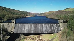 Aerial pull back reveal of the Derwent Dam and reservoir, home of the Dam Busters practice during the second world war.