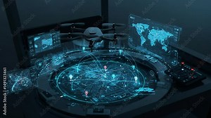 Operating Futuristic Control Panel with Interactive Map and Drone Stock Video