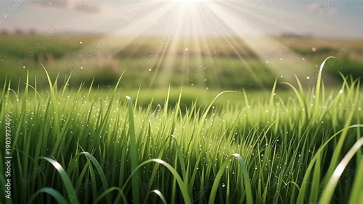 green grass and aurora in meadow, White flower, spring graphic design background, calming nature videos, relaxing nature videos, asmr videos, casting a magical and ethereal ambiance, stock videos