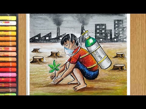 how to draw scenery of tree plantation with oil pastel color,save environment drawing step by step,