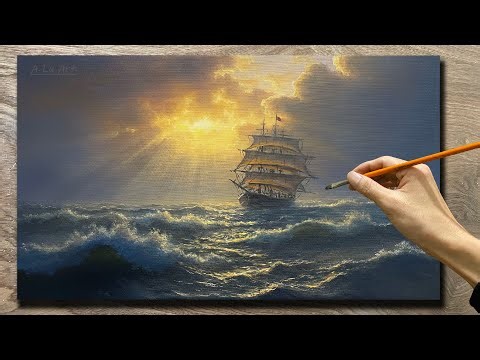 How to draw a sailboat and the sea /#92/ Sea landscape painting / Acrylic painting / A Lu Art