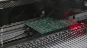 Automated Electronic circuit board production close up. Machine Produces Printed digital board, contract manufacturing. Manufacture of electronic microchips. Robotic arm. Red light. High-tech. Full HD