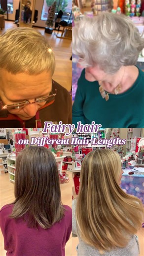 Fairy hair is for every style and every strand. ✨ Whether your hair is cropped close, tumbling over your shoulders, or anywhere in between, a touch of sparkle makes every length feel magical. There’s no “right” type for fairy hair. Just your unique beauty, ready to shine a little brighter. Ready to find your shimmer? Let’s add a pop of fairy magic to any look and celebrate your one-of-a-kind sparkle. Book your appointment at www.FairyKimSparkles.com #fairyhair #hairtransformation #sparklehair #f