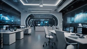 futuristic workspace where professionals use cloud computing tools. The scene should highlight seamless integration of digital systems with people collaborating on tablets and virtual interfaces. Stock Video