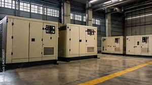 Generator room with two generators in factory standby for power backup, Diesel generator for factory work generative ai