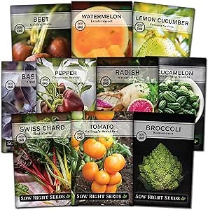 Sow Right Seeds - Rare Exotic Vegetable Seed Collection for Planting - Non-GMO Heirloom Beets, Broccoli, Cucamelon, Cucumber, Pepper, Basil, Radish, Watermelon, Tomato, and Swiss Chard to Plant