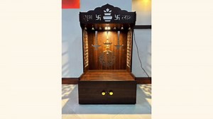 Divine Wooden Home Temple with Spacious Shelf, Inbuilt Focus Light, Pooja Mandir for Home Décor, Wall Mounted or Floor Standing, Brown Teak Finish