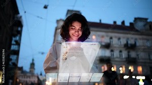 Beautiful Smiling Woman Using Phone on a City Street at Night. Visualization of Social Media, Chatting, Texting, Messaging App Icons. Social Networking Service Stock Video