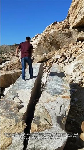 Splitting a massive stone slab with hand tools - old quarry craft