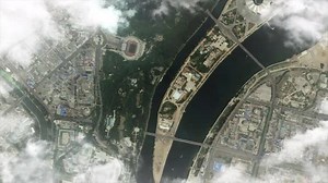 Zooming in from earth orbit to Pyongyang North Korea in East Asia