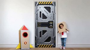 Outer Space Door Cover Galaxy Alien Theme Door Decoration Spaceship Indoor Backdrop Space Party Supplies Decor Space Station Studio Photo booth Props Spaceship Hatch Wall Decor for Boys Bedroom