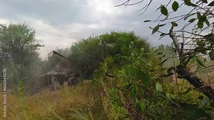 A tank hidden in the bushes shoots. The moment of the shot. Real war, combat operations with heavy armored vehicles