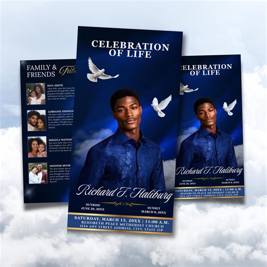Blue Funeral Program Trifold Template, Celebration of Life (DIY Canva) - Etsy
