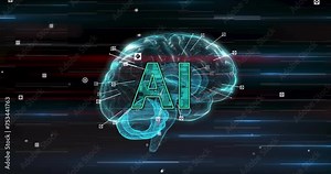 Animation of ai text over digital brain spinning