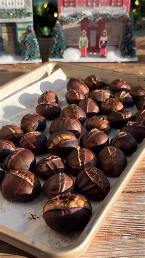 Here are a few pointers on making roasted chestnuts (not over a fire, because you need some special equipment for that!) We use American chestnuts (grown in our home state: Michigan!), so note that other varieties of chestnuts may have different outcomes. Start by scoring the chestnuts on the rounded side of each nut. Use a paring knife and apply a good amount of pressure - just enough to pierce the outer skin. Once they’re all scored, place in a bowl, cover with cold water and soak for at least