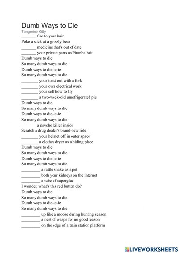 Dumb ways to die interactive worksheet