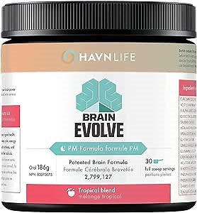 HAVN Life Brain Evolve PM Supplement - Relaxing Tropical Blend with Natural Stevia Sweetener, 186g Oral Powder, 30 Full Scoop Servings Per Container