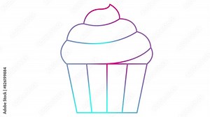 Animated pink blue linear cupcake is drawn. Line symbol of cake. Concept of bakery, cafe, dessert, sweet food. Looped video. Vector illustration isolated on white background.