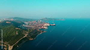 Establishing aerial shot of Ship breaking yard, demolition yard where old cargo ships, tankers for scrap Stock Video
