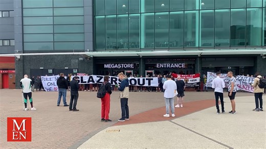 ❌ Man Utd fans display 'Glazers out' on huge banner outside Megastore... | Manchester United - Manchester Evening News