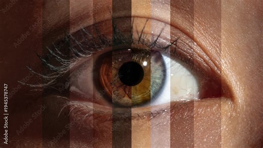 Human eye macro collage stop motion biometric scan technology visual for identity verification apps, cybersecurity dashboards, authentication systems and digital security interface design.